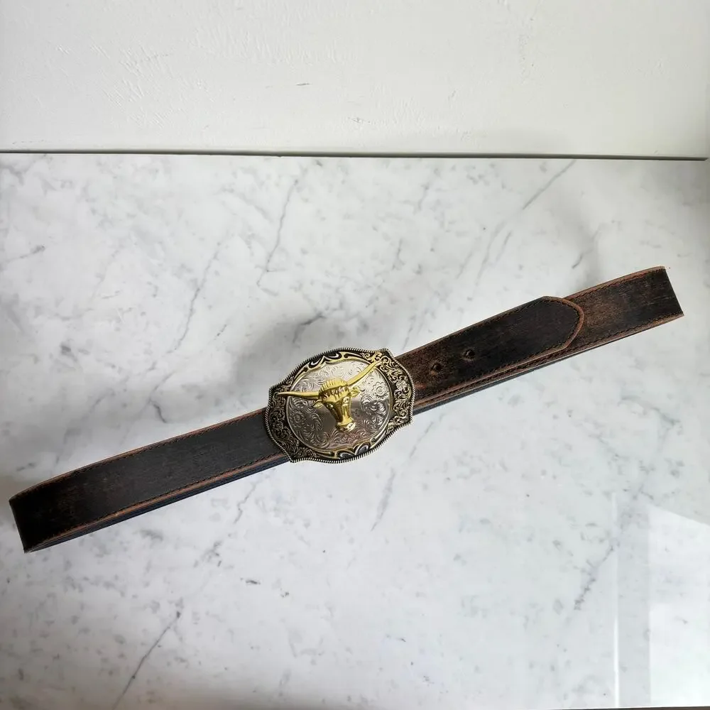 Longhorn Western Buckle Italian Vera Pelle Leather Belt XL 39-42